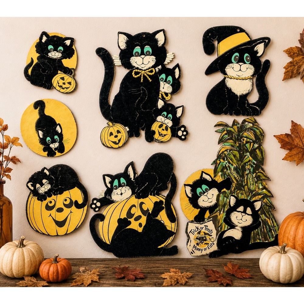 Vintage Halloween Flocked Black Cats Die‎ Cuts Retro Pumpkin Decor 7 Piece Lot